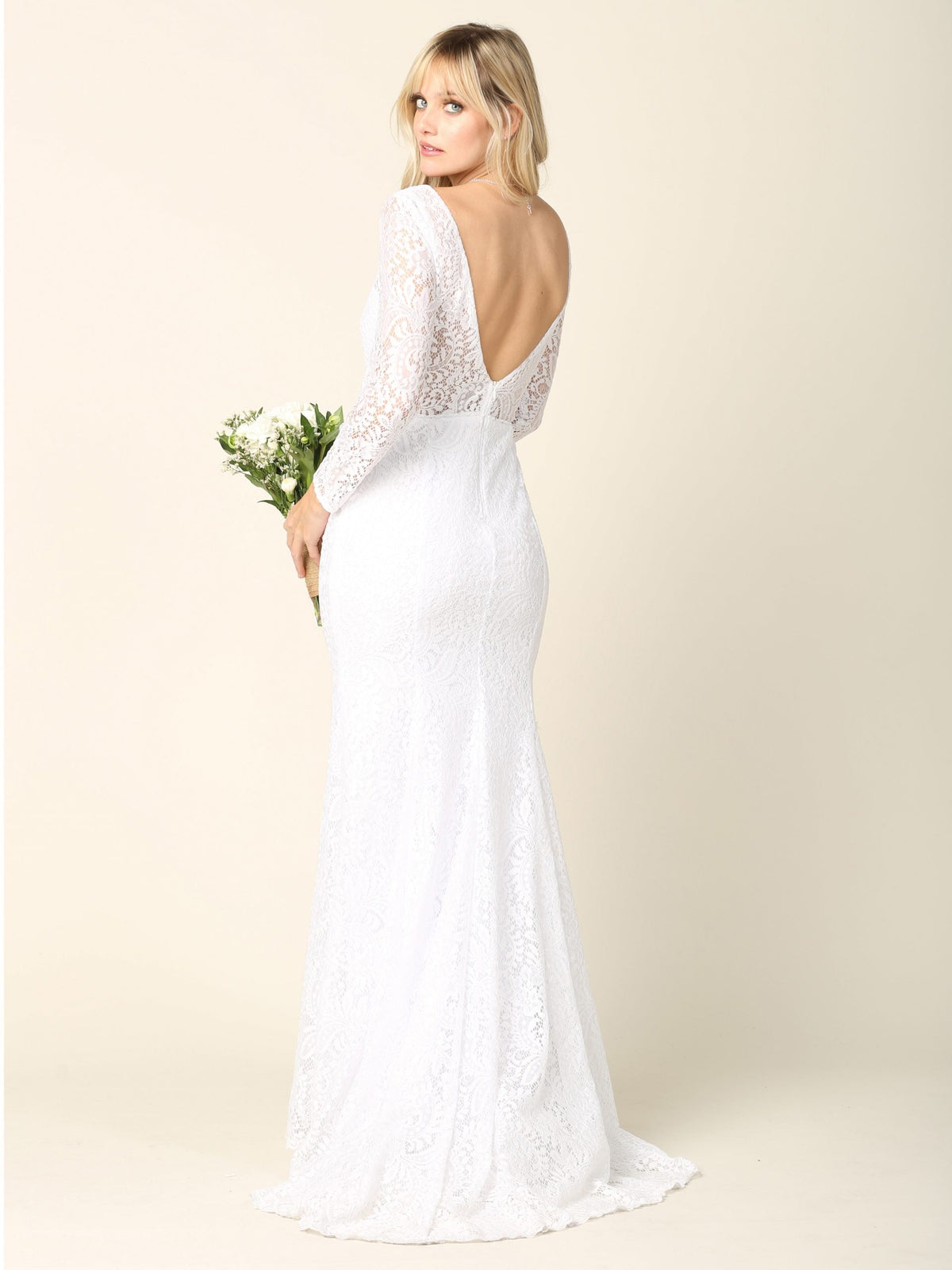 LA Merchandise LAV3407 Long Sleeve Lace Mermaid Wedding Dress with V-Neckline, Low Back, and Train - - Wedding Dress LAV