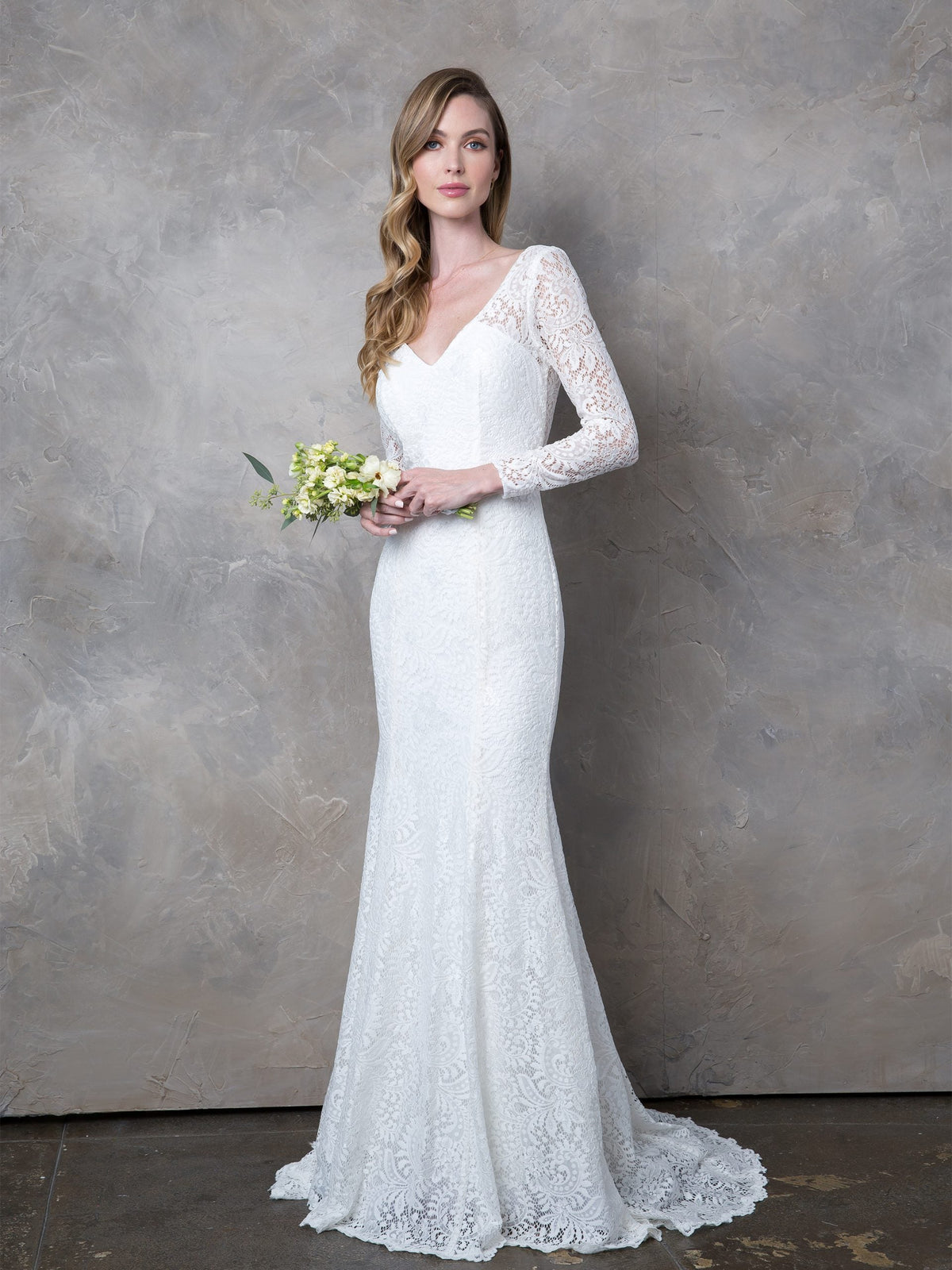 LA Merchandise LAV3407 Long Sleeve Lace Mermaid Wedding Dress with V-Neckline, Low Back, and Train - White - Wedding Dress LAV