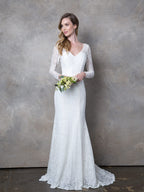 LA Merchandise LAV3407 Long Sleeve Lace Mermaid Wedding Dress with V-Neckline, Low Back, and Train - - Wedding Dress LAV