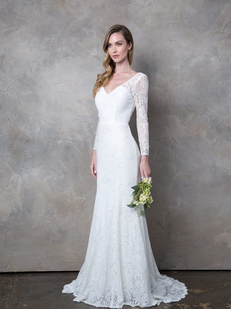 LA Merchandise LAV3407 Long Sleeve Lace Mermaid Wedding Dress with V-Neckline, Low Back, and Train - - Wedding Dress LAV