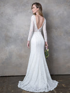 LA Merchandise LAV3407 Long Sleeve Lace Mermaid Wedding Dress with V-Neckline, Low Back, and Train - - Wedding Dress LAV