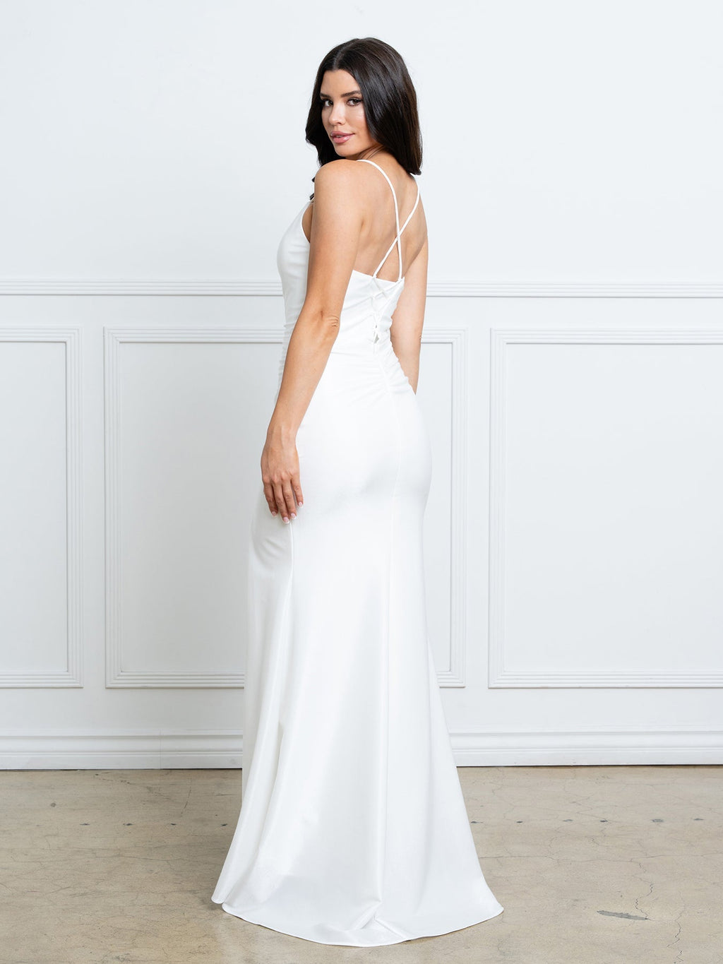 LAV3542 Wholesale Off-White Mermaid Dress with Cowl Neckline & Thigh-High Slit Bridal Dress - - Wedding Dress LAV