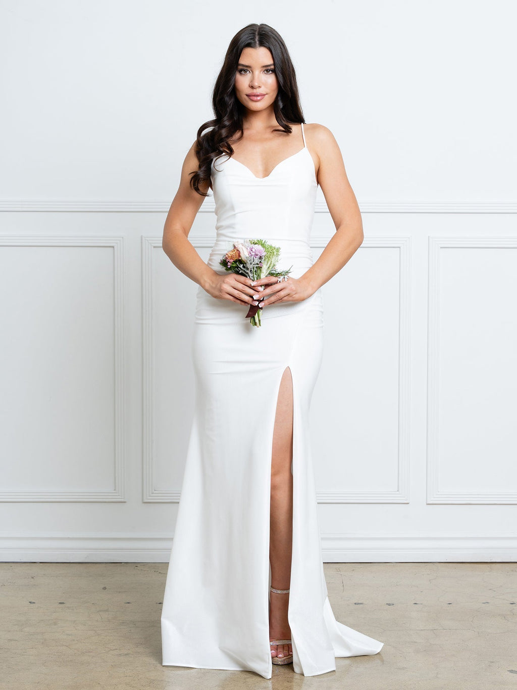 LAV3542 Wholesale Off-White Mermaid Dress with Cowl Neckline & Thigh-High Slit Bridal Dress - OFF-WHITE - Wedding Dress LAV