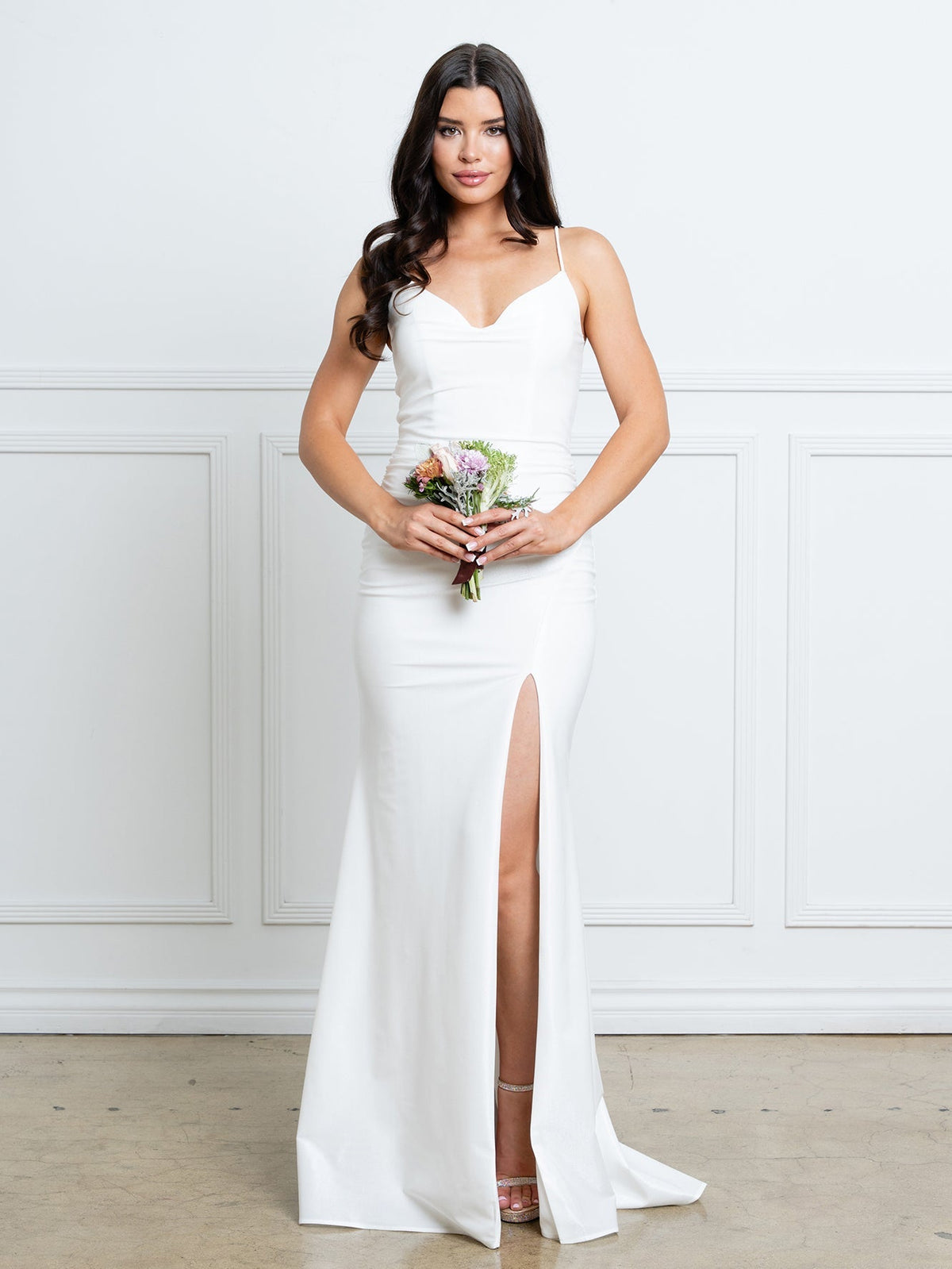 LAV3542 Wholesale Off-White Mermaid Dress with Cowl Neckline & Thigh-High Slit Bridal Dress - OFF-WHITE - Wedding Dress LAV