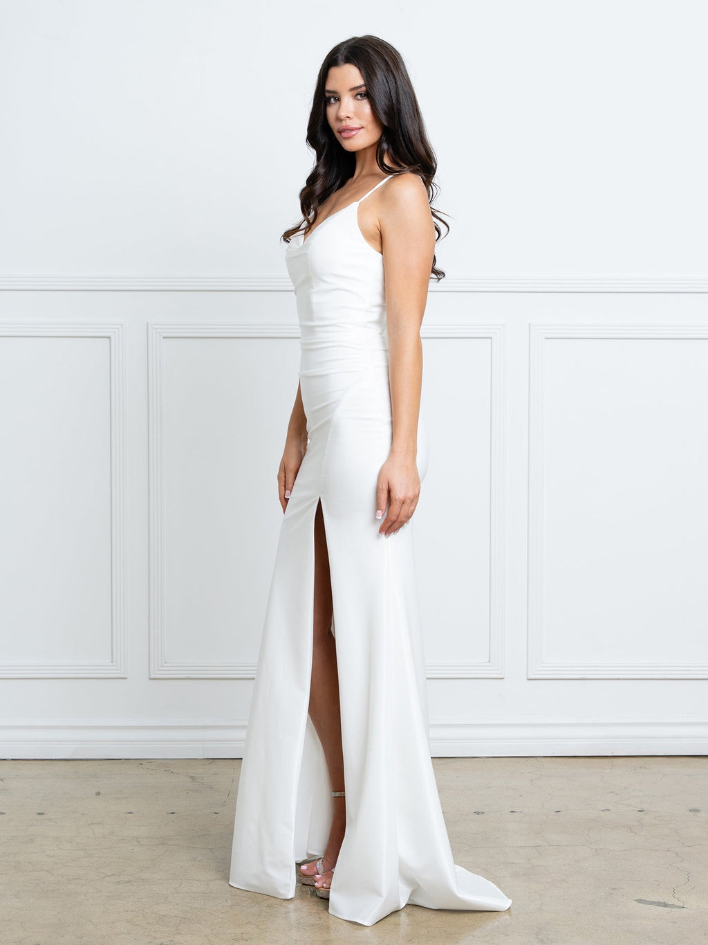 LAV3542 Wholesale Off-White Mermaid Dress with Cowl Neckline & Thigh-High Slit Bridal Dress - - Wedding Dress LAV