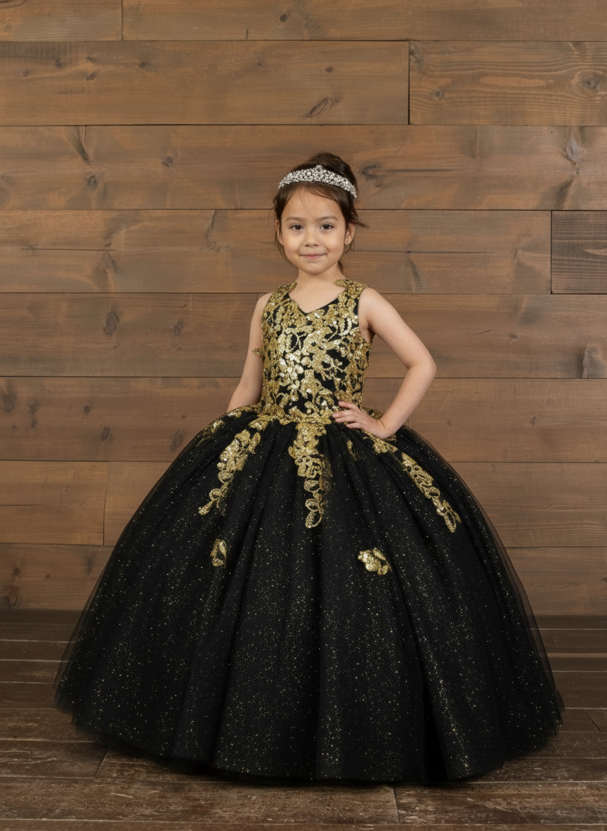 LA Merchandise LAZSCK321 Girls Sequin Applique V-Neck Glitter Tulle A-Line Gown - Black - Girls Formal Dresses LAZ