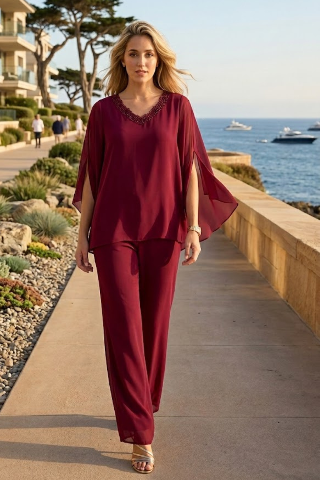 Two-Piece Formal Cold Shoulder Cape Pant Set By LA Merchandise LAV3463 - Burgundy - Pant Suit LAV