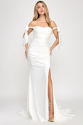 Wholesale Off-Shoulder Satin Wedding Dress with Ruched Bodice, Bow Tie Sleeves By LAF8358 - IVORY - Dress LAF