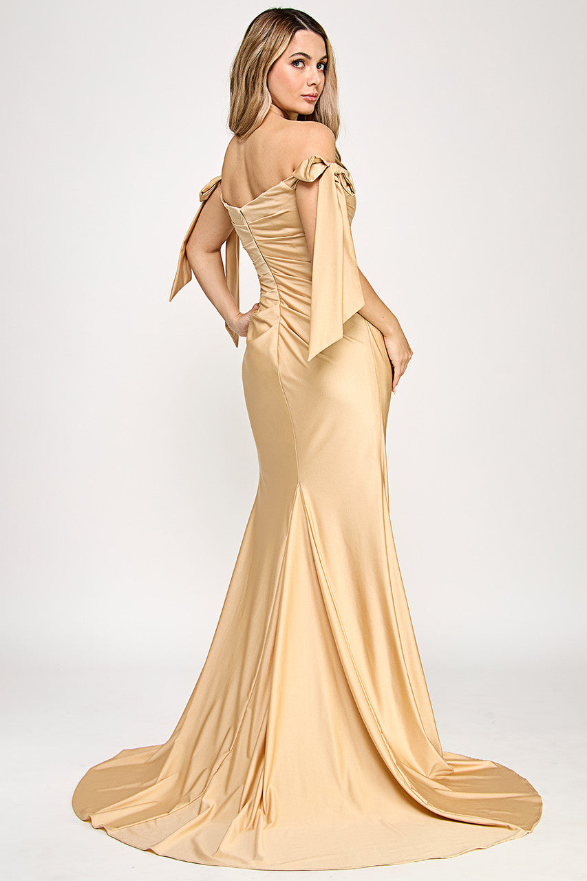 Wholesale Off-Shoulder Satin Wedding Dress with Ruched Bodice, Bow Tie Sleeves By LAF8358 - - Dress LAF