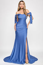 Wholesale Off-Shoulder Satin Wedding Dress with Ruched Bodice, Bow Tie Sleeves By LAF8358 - - Dress LAF