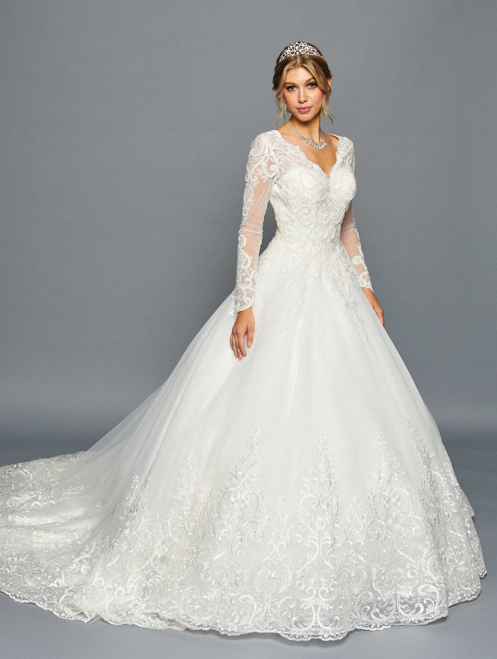 Wholesale Long‑Sleeve Bridal Ball Gown Wedding Dress By LADK457 - WHITE - Dresses LADK