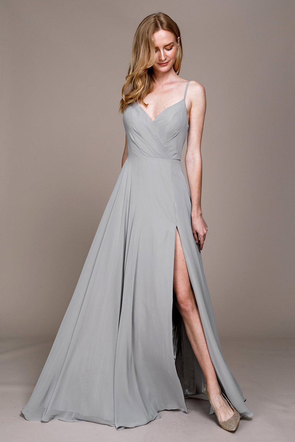 La Merchandise LAA477 Simple Spaghetti Strap Chiffon Bridesmaids Dress - Grey - LA Merchandise