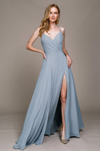La Merchandise LAA477 Simple Spaghetti Strap Chiffon Bridesmaids Dress - Dusty Blue - LA Merchandise