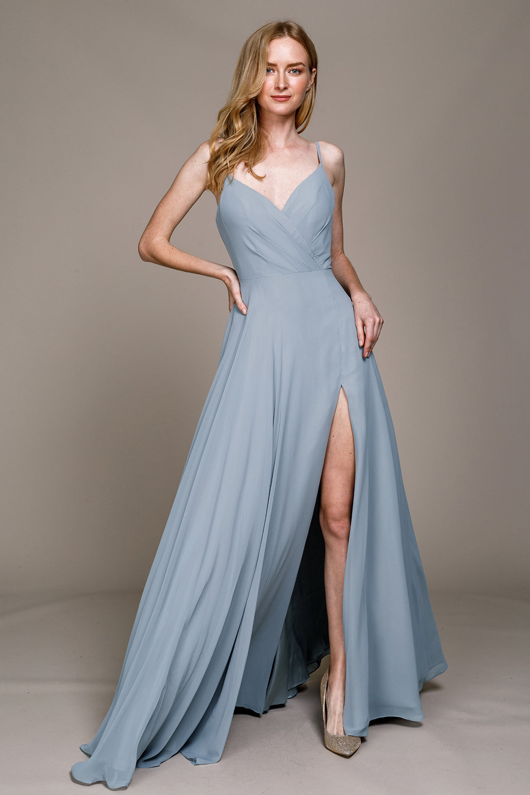 La Merchandise LAA477 Simple Spaghetti Strap Chiffon Bridesmaids Dress - Dusty Blue - LA Merchandise
