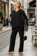Two-Piece Formal Cold Shoulder Cape Pant Set By LA Merchandise LAV3463 - Black - Pant Suit LAV