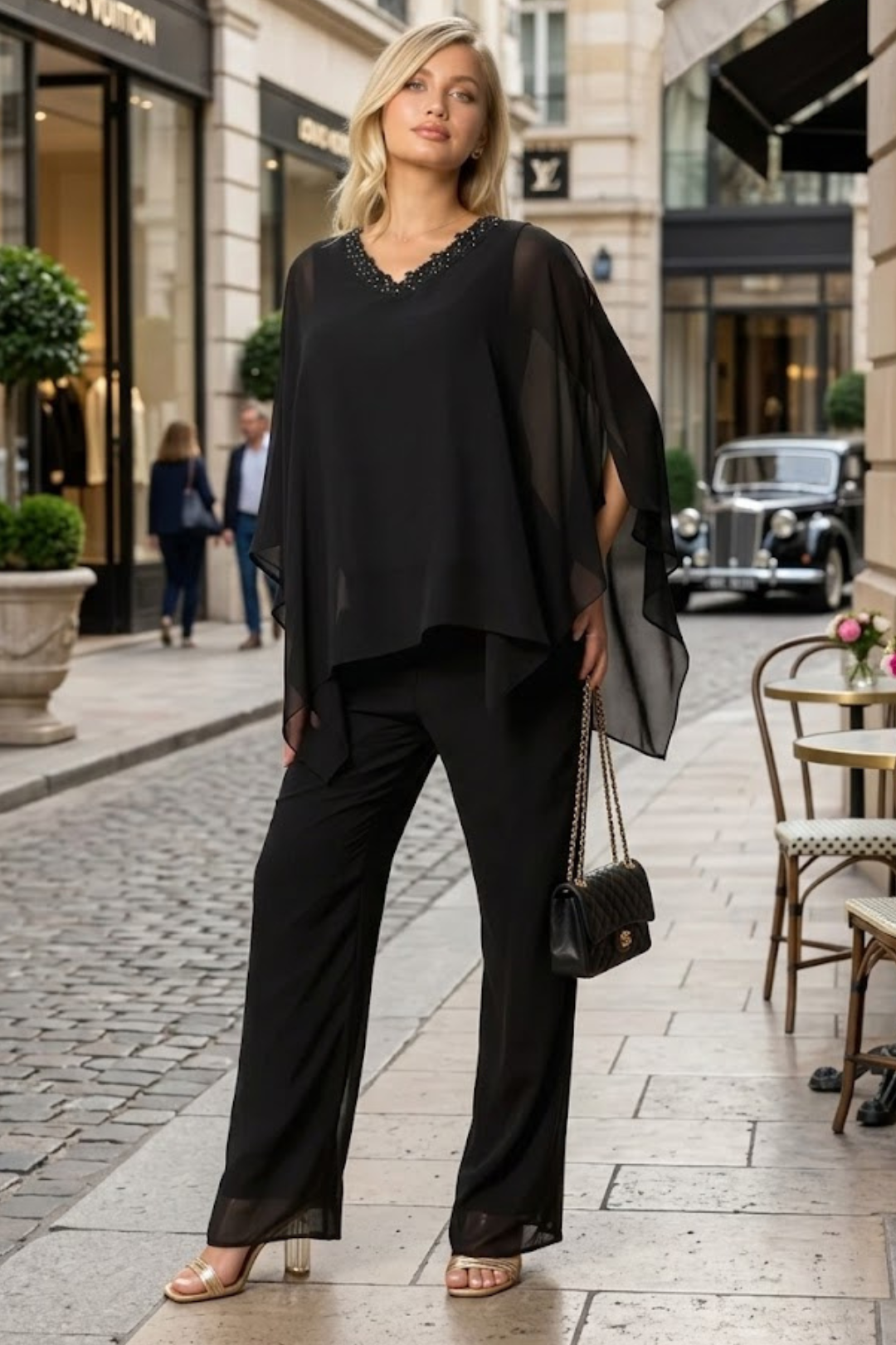 Two-Piece Formal Cold Shoulder Cape Pant Set By LA Merchandise LAV3463 - Black - Pant Suit LAV