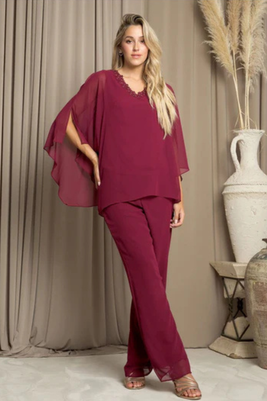 Two-Piece Formal Cold Shoulder Cape Pant Set By LA Merchandise LAV3463 - - Pant Suit LAV