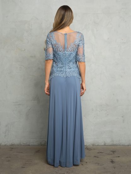 Wholesale Beaded Lace Evening Gown with Illusion Sleeves and Chiffon Skirt by LA Merchandise LAV5222 - - Mother of the Bride Dress LAV