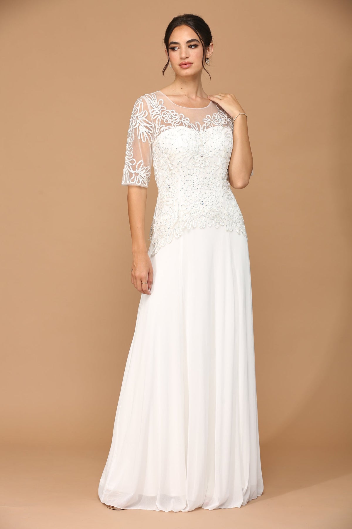 Wholesale Beaded Lace Evening Gown with Illusion Sleeves and Chiffon Skirt by LA Merchandise LAV5222 - Off White - Mother of the Bride Dress LAV