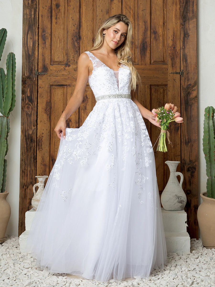 Wholesale Sleeveless Embroidered A-Line Bridal Dress By LAV5232B - WHITE - Dress LAV