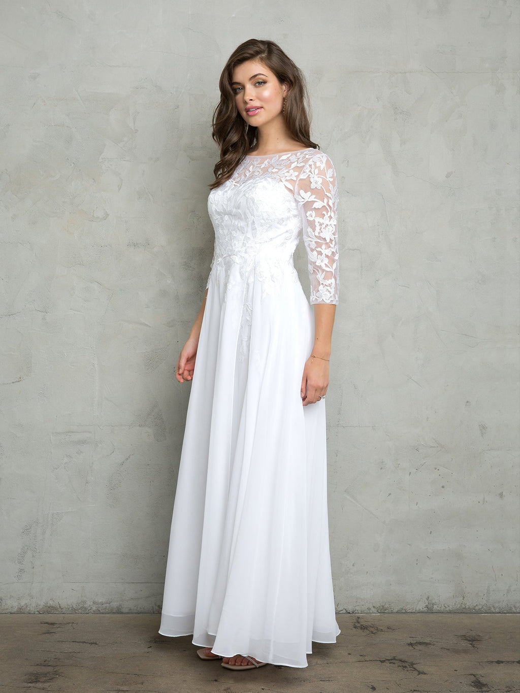 LA Merchandise LAV5258 Elegant Lace Bodice A-Line Gown with 3/4 Sheer Sleeves - White - Dress LAV