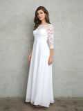 LA Merchandise LAV5258 Elegant Lace Bodice A-Line Gown with 3/4 Sheer Sleeves - White - Dress LAV