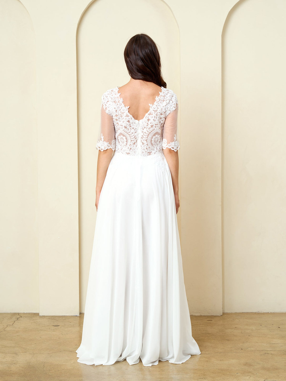 Modest White Lace Bridal Gown with Illusion Sleeves By LA Merchandise LAV5271 - - Wedding Dress LAV