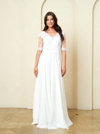 Modest White Lace Bridal Gown with Illusion Sleeves By LA Merchandise LAV5271 - Off White - Wedding Dress LAV