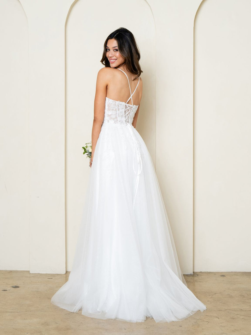 Off White Glitter Tulle Ball Gown Wedding Dress By LA Merchandise LAV5295 - - Wedding Dresses LAV