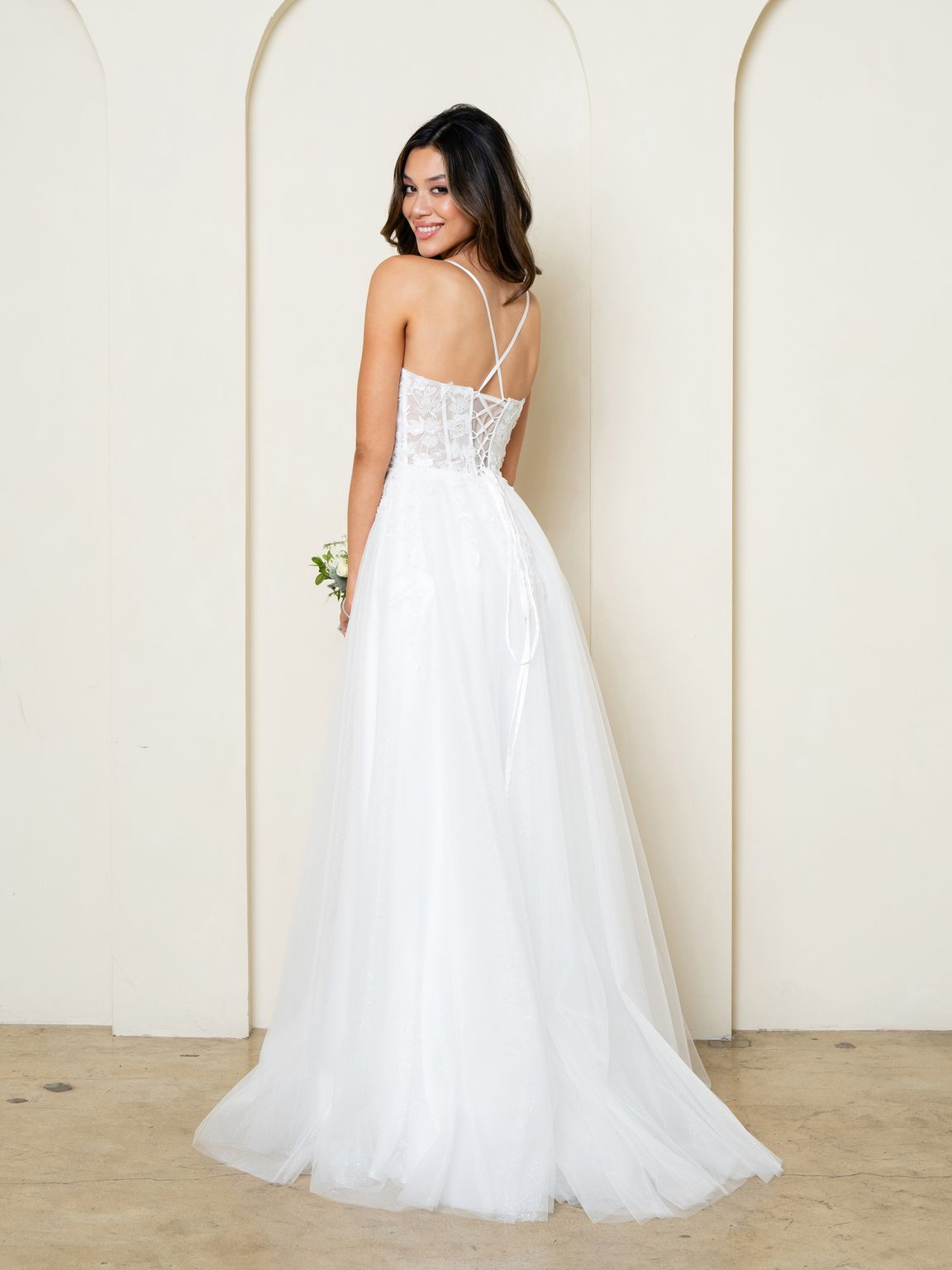 Off White Glitter Tulle Ball Gown Wedding Dress By LA Merchandise LAV5295 - - Wedding Dresses LAV