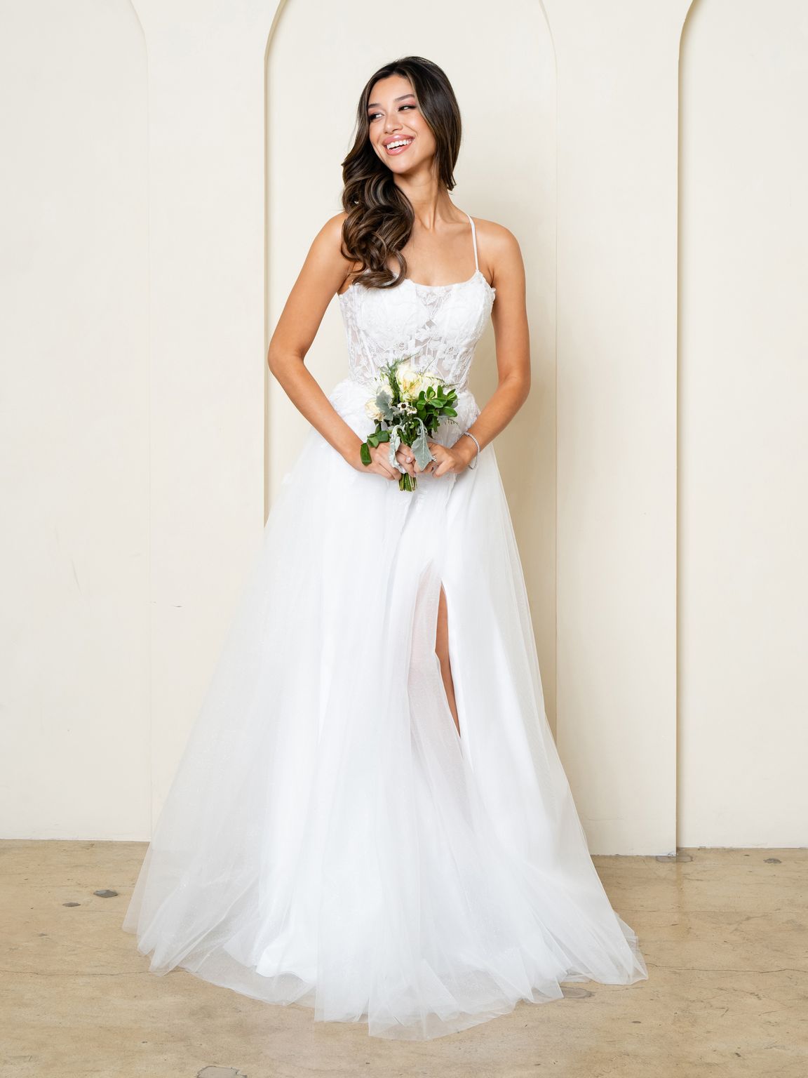 Off White Glitter Tulle Ball Gown Wedding Dress By LA Merchandise LAV5295 - - Wedding Dresses LAV