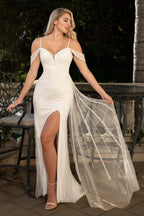 LAF8513 Ivory Wholesale Off-Shoulder Sheath Wedding Dress with Front Slit and Detachable Sequin Train - IVORY - Wedding Dress LAF