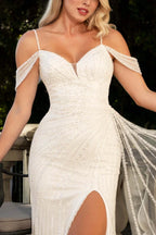 LAF8513 Ivory Wholesale Off-Shoulder Sheath Wedding Dress with Front Slit and Detachable Sequin Train - - Wedding Dress LAF