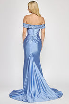 Wholesale Off-Shoulder Satin Evening Gown with Floral Beading and Front Slit By LAF8353 - - Dress LAF