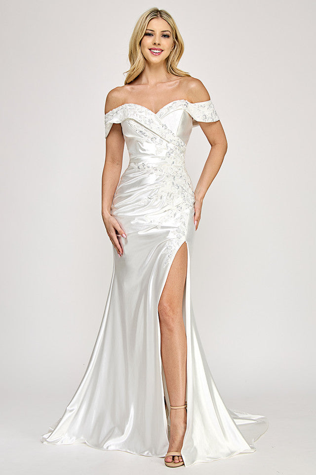 Wholesale Ivory Off-Shoulder Satin Wedding Gown with Slit and Beaded Appliqué By LAF8353 - IVORY - Dress LAF
