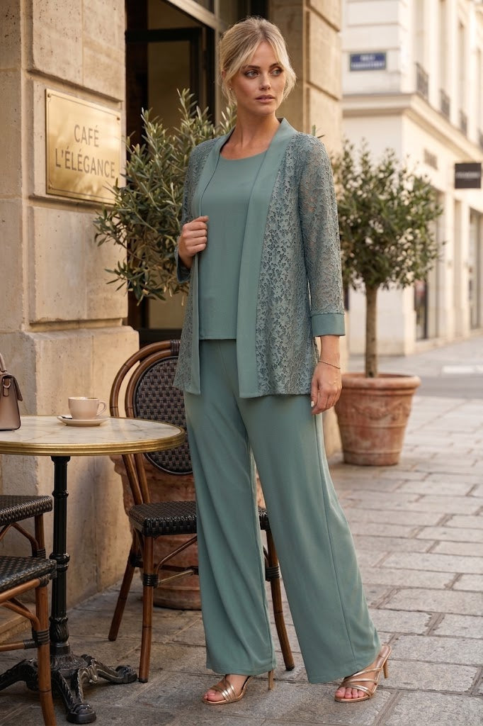 Plus Size Lace Jacket Formal Pant Suit for Mother of the Bride - LA Merchandise LAV3455 - Eucalyptus - Pant Suit LAV