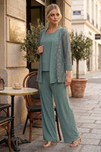 Plus Size Lace Jacket Formal Pant Suit for Mother of the Bride - LA Merchandise LAV3455 - Eucalyptus - Pant Suit LAV