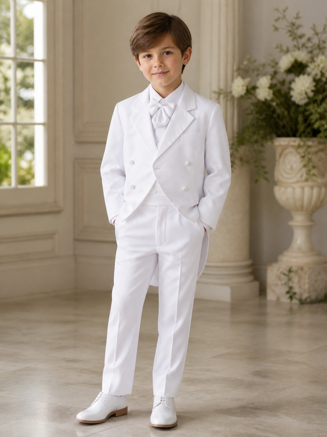 Boys Formal Tailcoat Tuxedo Set with Satin Trim By La Merchandise SS8209 - WHITE - Boys suits LA MERCHANDISES