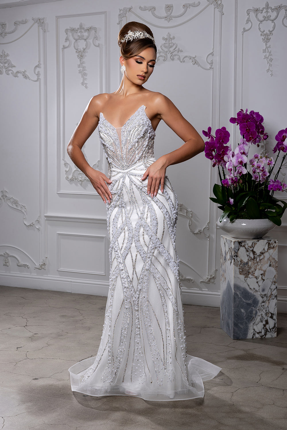 White LA8266 Wholesale Beaded Pearl Strapless Sweetheart Wedding Dress with Corset Back & Train - - Wedding Dress LA Merchandise