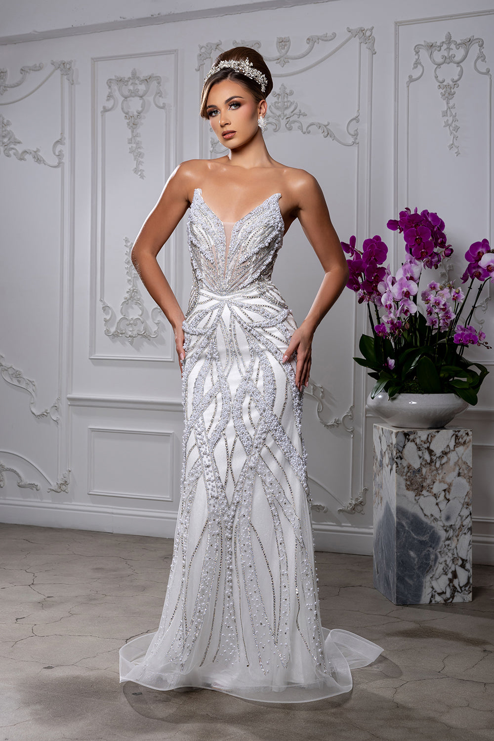 White LA8266 Wholesale Beaded Pearl Strapless Sweetheart Wedding Dress with Corset Back & Train - WHITE - Wedding Dress LA Merchandise