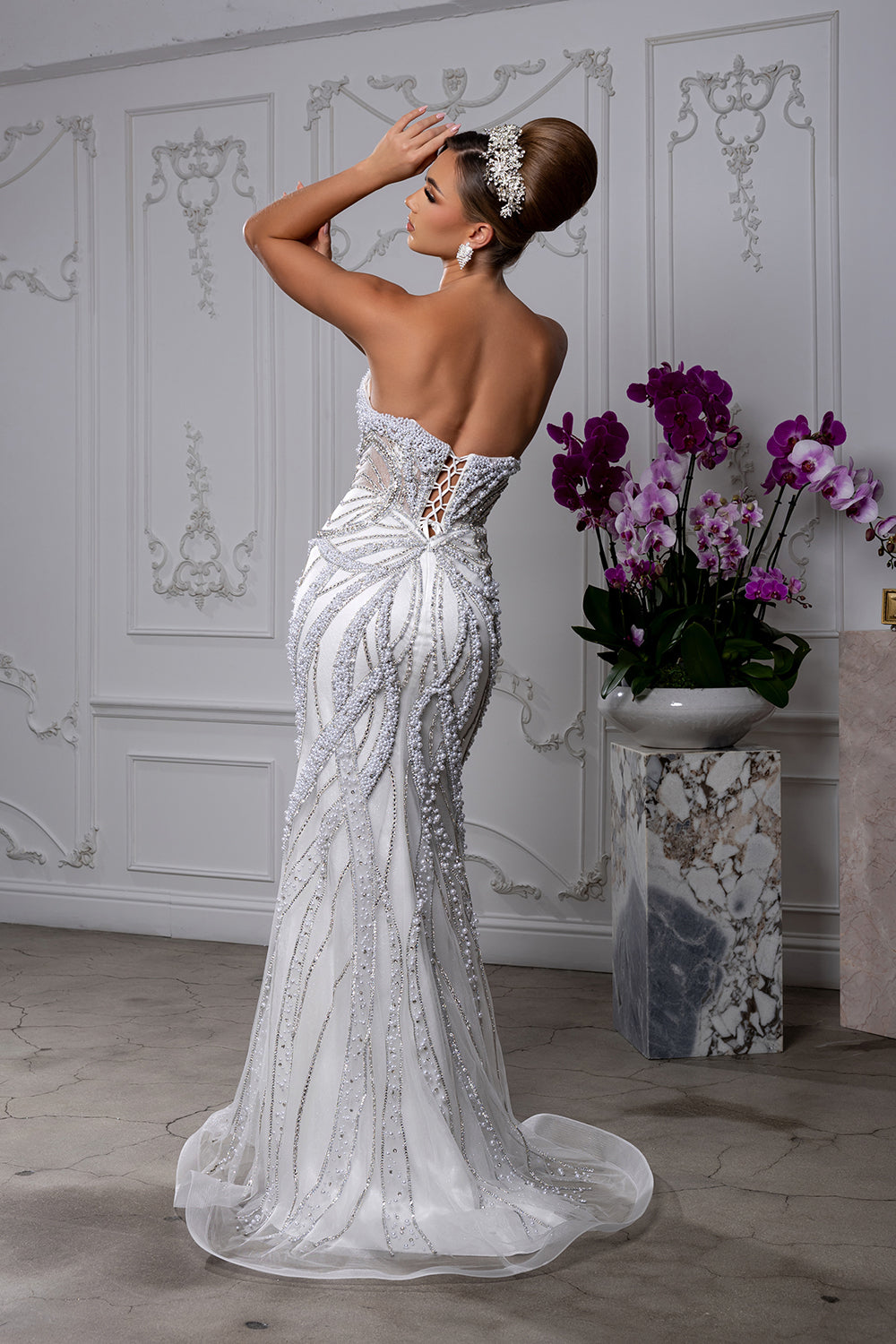 White LA8266 Wholesale Beaded Pearl Strapless Sweetheart Wedding Dress with Corset Back & Train - - Wedding Dress LA Merchandise
