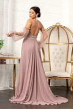 La Merchandise LAS3005 A-Line Chiffon Dress with Removable Sleeves - - Dresses LAS
