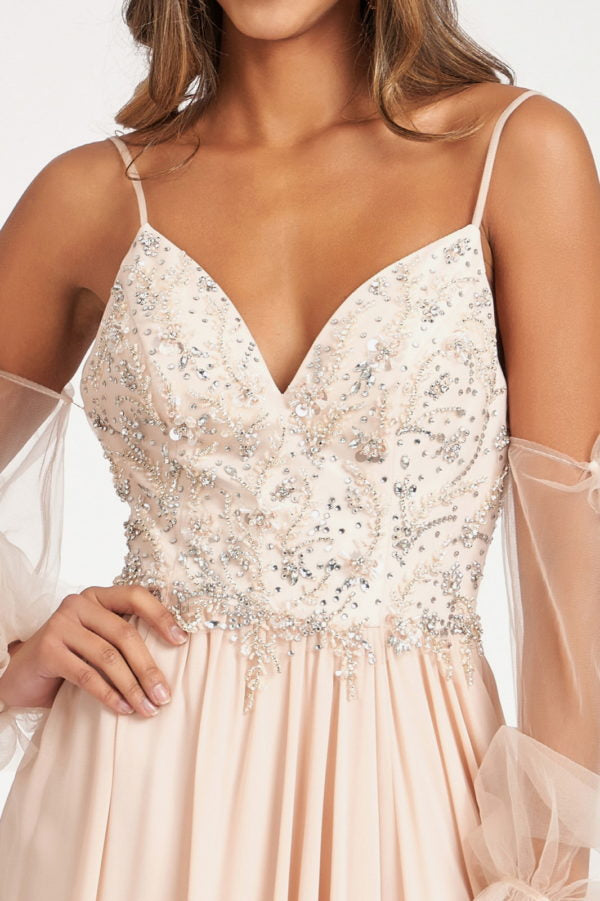La Merchandise LAS3005 A-Line Chiffon Dress with Removable Sleeves - Champagne - Dresses LAS
