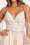 La Merchandise LAS3005 A-Line Chiffon Dress with Removable Sleeves - Champagne - Dresses LAS