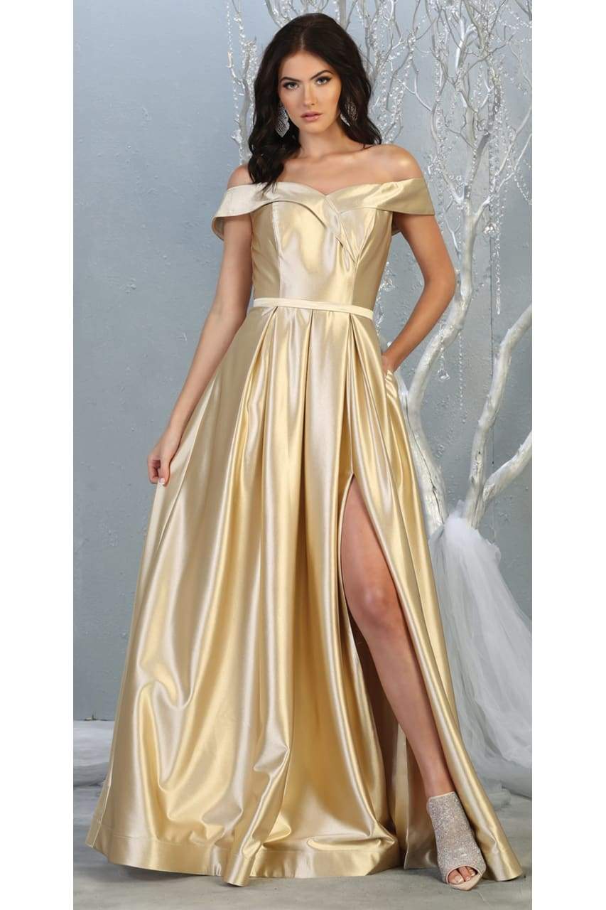 La Merchandise LA1781 A-line Off the Shoulder Metallic Evening Gown - CHAMPAGNE - LA Merchandise