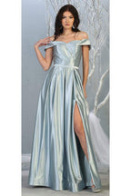La Merchandise LA1781 A-line Off the Shoulder Metallic Evening Gown - DUSTY BLUE - LA Merchandise