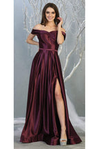 La Merchandise LA1781 A-line Off the Shoulder Metallic Evening Gown - EGGPLANT - LA Merchandise