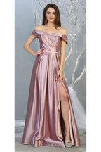 La Merchandise LA1781 A-line Off the Shoulder Metallic Evening Gown - MAUVE - LA Merchandise