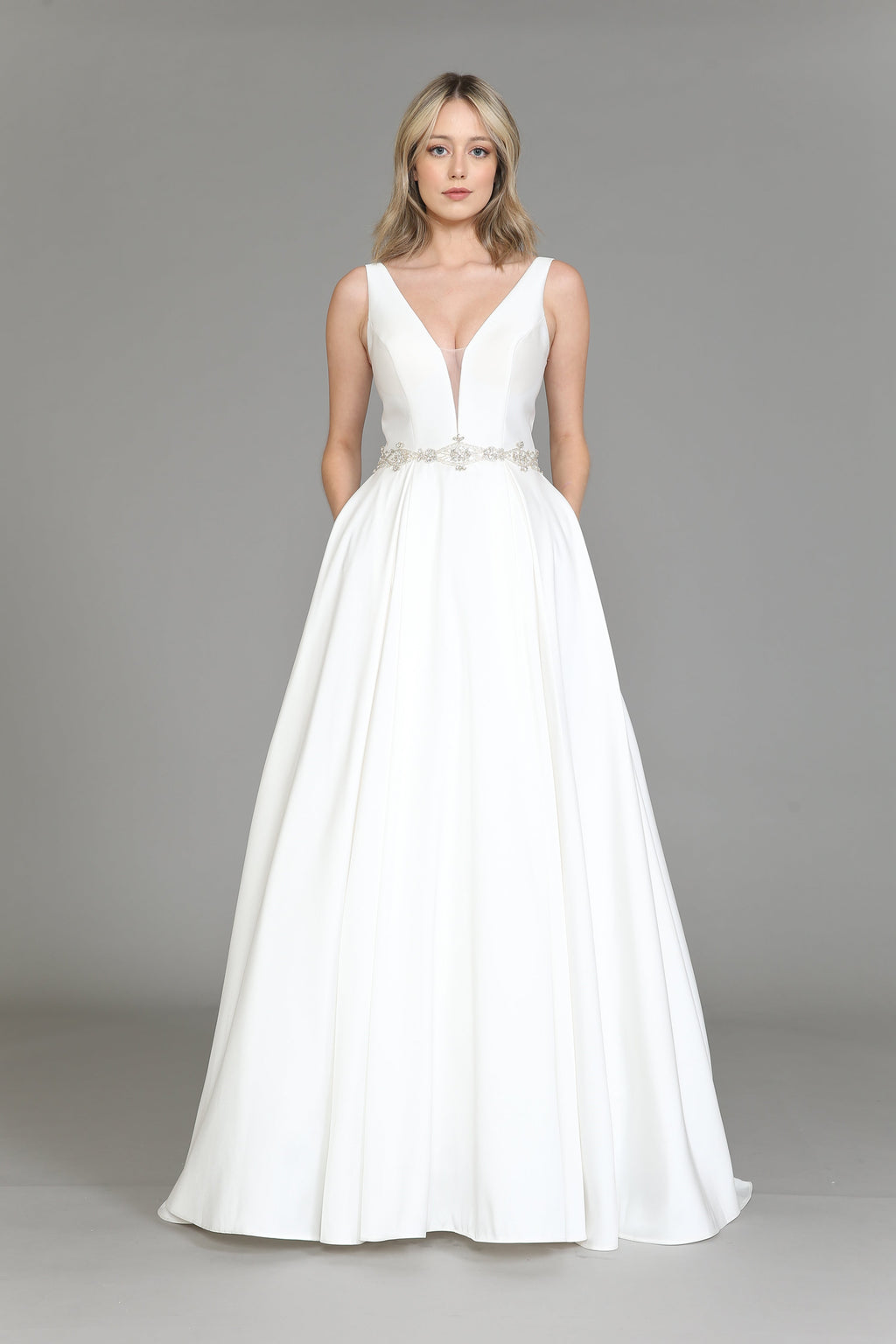La Merchandise LAY8498 Off-White Sleeveless V-Neck Bridal Formal Gown - OFF WHITE - LA Merchandise