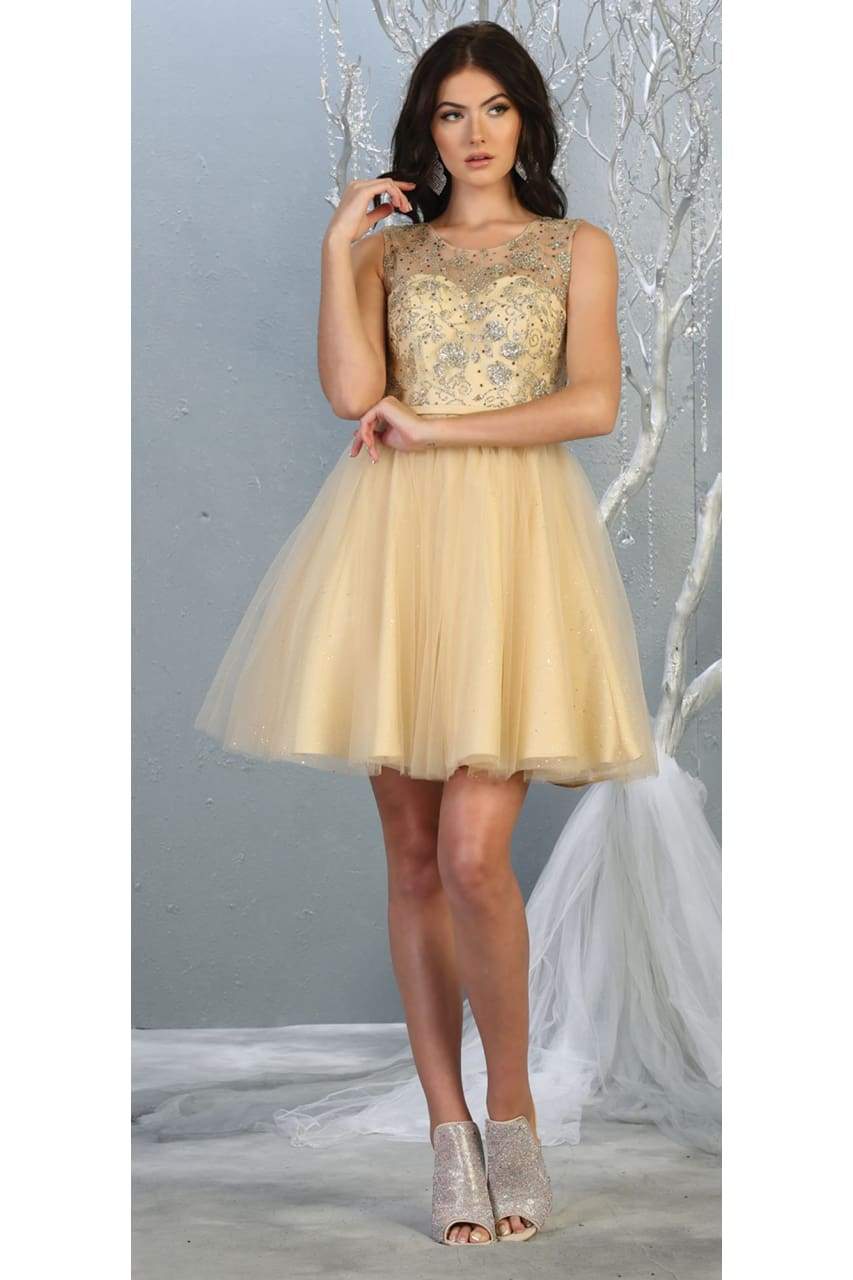 La Merchandise LA1803 Sleeveless A-Line Short Mesh Homecoming Dress - CHAMPAGNE - LA Merchandise